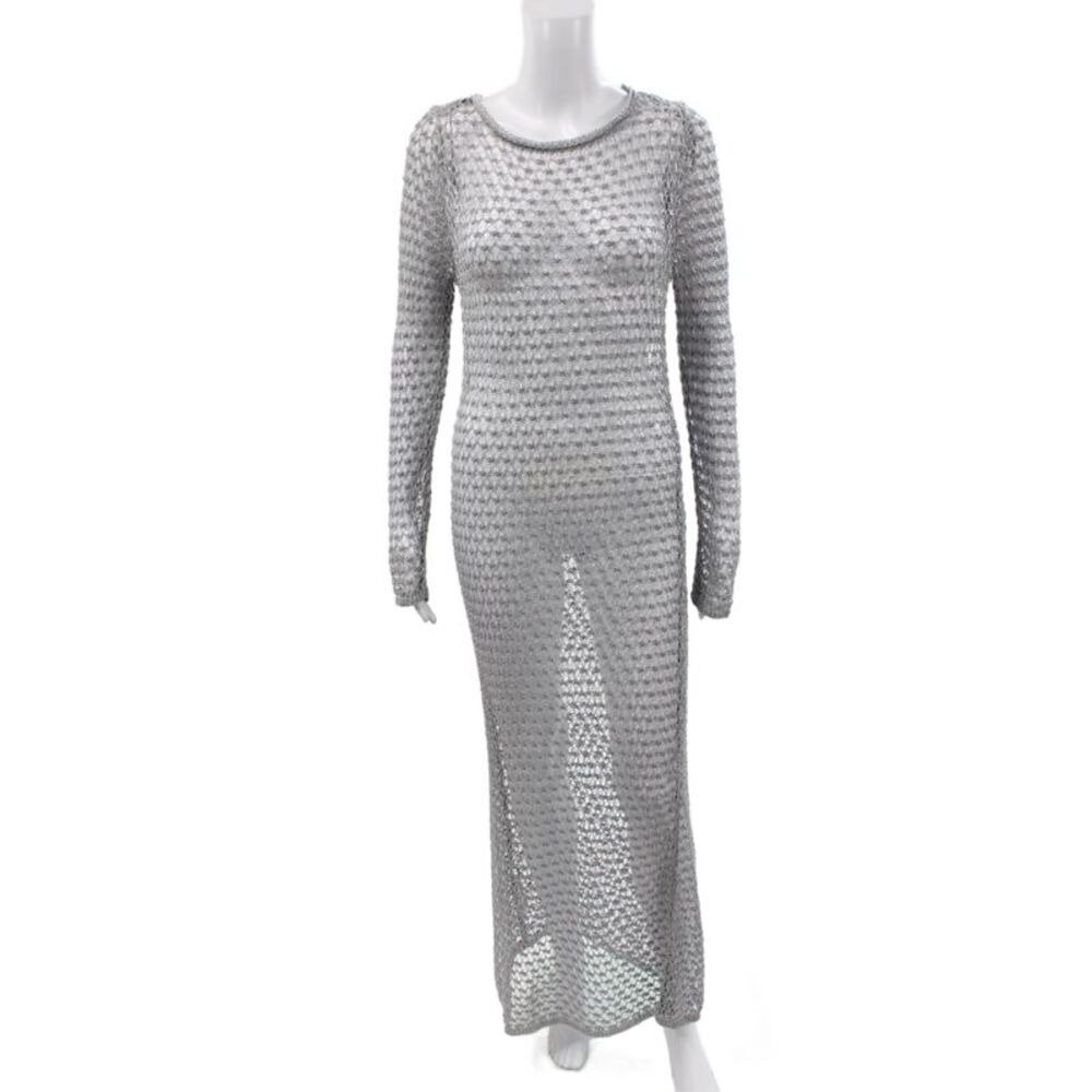 MNG Women Maxi Dress Silver Long Sleeve Round Neck Mid-Calf Size 6